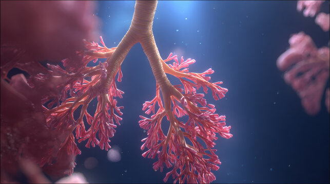 Digital illustration of a detailed human bronchial tree with pinkish-red branching airways against a deep blue background