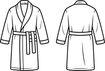 Bathrobe front and back view, shawl collar, belt detail, fashion sketch, cad drawing flat vector illustration, garment template, clothing outline