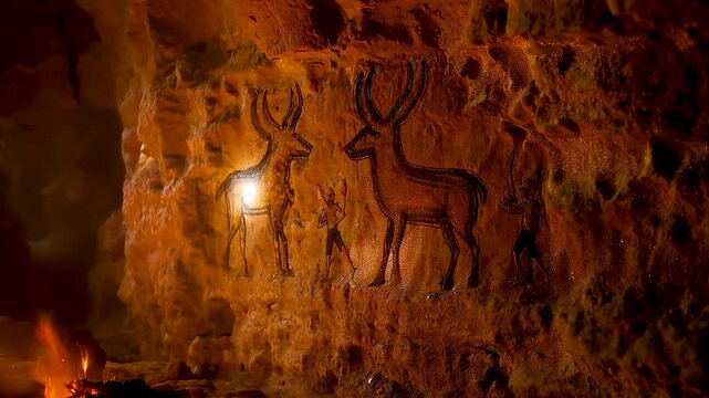 Ancient cave wall with prehistoric animal carvings illuminated by firelight revealing early human art, ritual expression, and archaeological heritage