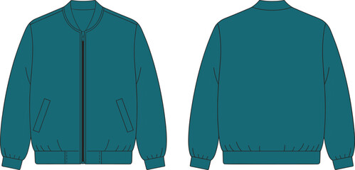 Teal bomber jacket front and back view, zipper closure, ribbed collar and cuffs, cad drawing flat vector illustration, fashion garment template