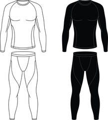 Athletic wear comparison, compression outfit design, black and white sportswear, contour line sketch, cad drawing flat vector illustration