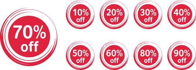Red discount label set, percentage off tags, promotional sticker design, sale badge vector, cad drawing flat vector illustration, marketing template