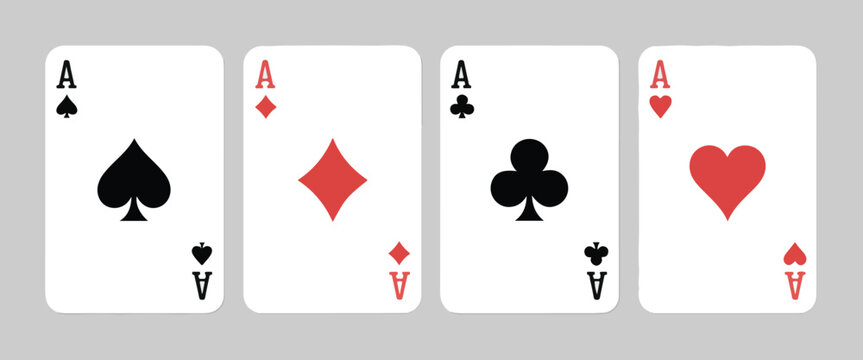 Four aces playing cards collection on gray background including spade diamond club and heart for casino game design
