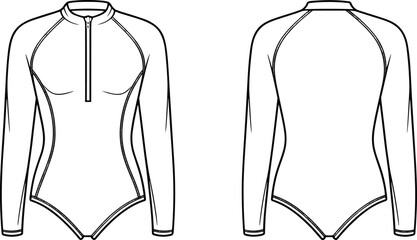 Long sleeve swimsuit front and back view, zipper neckline, contour seams, cad drawing flat vector illustration, fashion sketch, garment template