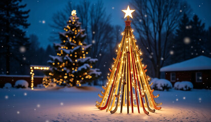 Christmas tree made of hockey sticks is lit up with lights outdoors during snowy weather.
