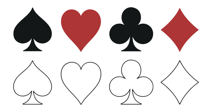 Set of four playing card suits solid fill and outline variations for game design project