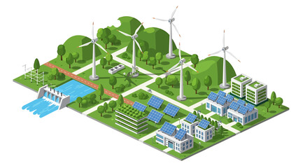 Sustainable Green City Illustrating Renewable Energy Sources and Eco-Friendly Living