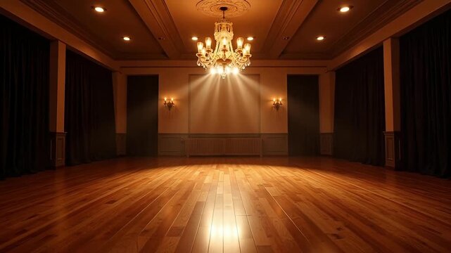 Elegant empty ballroom with chandelier and wooden dance floor
