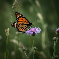 Fototapeta premium A brilliant orange and black monarch butterfly resting peacefully on a purple wildflower during a sunny summer day in a lush meadow ,summer ,bloom ,wildlife