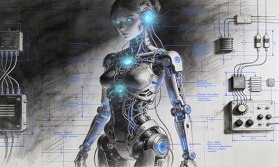  An illustration of a drawing depicting a female android, with a detailed description of the location of important connecting elements and circuits.