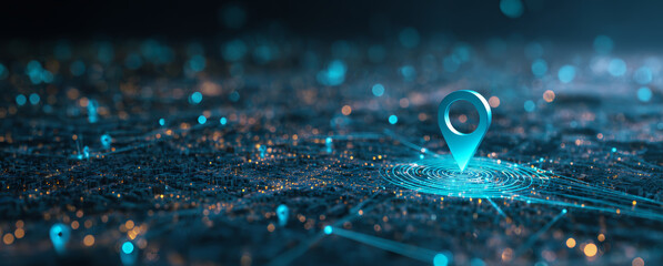 Digital technology map location icon on a city background with abstract network lines and light effects