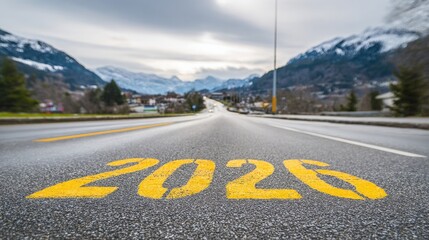 2026 newyear painted on empty road with mountains and cloudy sky, minimalistic outdoor scene with bold numbers on gray asphalt, symbolizing journey, change and fresh beginning.