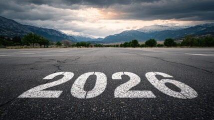 2026 newyear painted on empty road with mountains and cloudy sky, minimalistic outdoor scene with bold numbers on gray asphalt, symbolizing journey, change and fresh beginning.