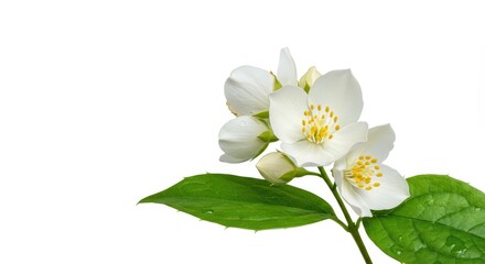 Beautiful fresh jasmine blossom with green foliage isolated against a pure white background, showcasing natural purity and fragrance ,tea ,flora ,detail