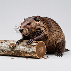 Beaver with Piece of Wood, Wild Rodent Close Up Animal Portrait Background