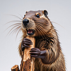 Beaver with Piece of Wood, Wild Rodent Close Up Animal Portrait Background