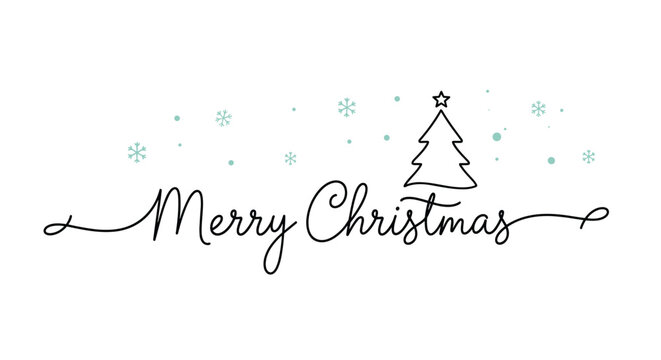 Merry Christmas holiday script message is written in a thin black line with a simple tree icon and small blue snowflakes on a white background.