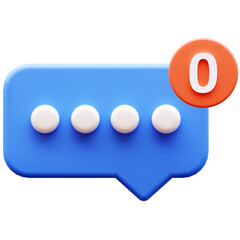 3D Illustration of a blue speech bubble with white dots and an orange notification badge showing zero, indicating no new messages or alerts.