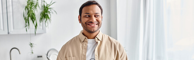 Obraz premium Smiling blind man enjoys his cozy home environment with warmth and joy