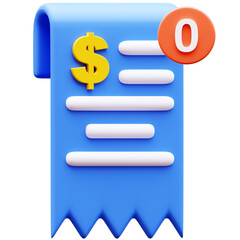 3D Illustration of a blue bill receipt with a yellow dollar sign and a notification badge with number zero, finance, payment, banking, business concept
