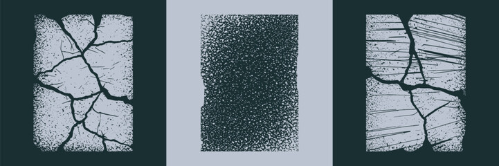 Set of three distressed grunge textures featuring concrete cracks and grainy speckled overlays suitable for graphic design elements © Vectyx