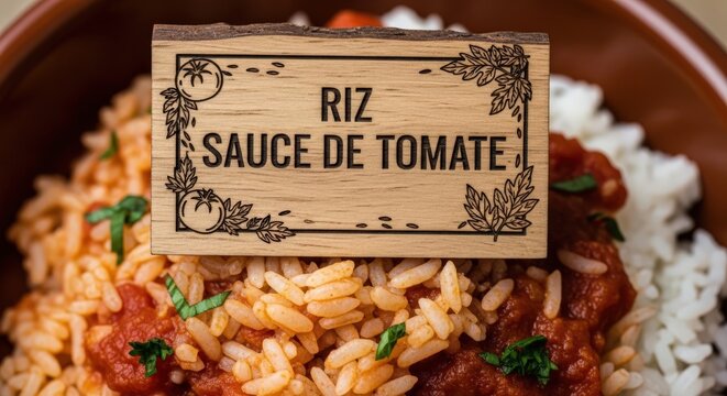 Humble Ivorian Riz Sauce de Tomate Rice with Tomato Sauce and Hand-Carved Iroko Wood Sign featuring Tomato and Rice Motifs