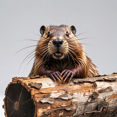 Beaver with Piece of Wood, Wild Rodent Close Up Animal Portrait Background