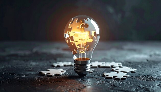 Glowing puzzle-piece light bulb on dark surface.