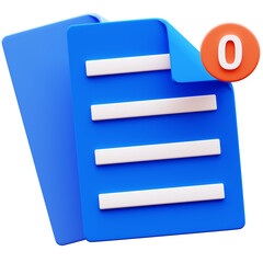 3D Illustration of Blue Document with Zero Notification, representing empty inbox, no new messages, or tasks, clean interface, and digital minimalism.