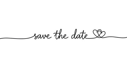 Save the date elegant script text in thin black cursive with two interlocked hearts at the end of a continuous line.