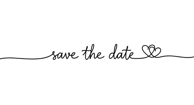 Save the date elegant script text in thin black cursive with two interlocked hearts at the end of a continuous line.