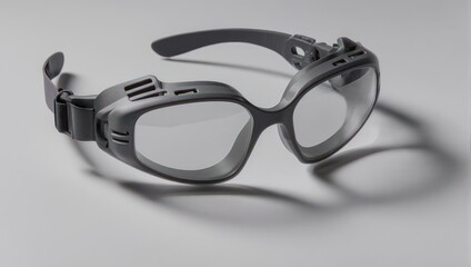 Protective eyewear goggles with clear lenses and dark frames.