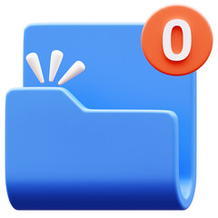 3D Illustration of a blue folder with a red notification badge showing the number zero, indicating an empty folder or no new items.