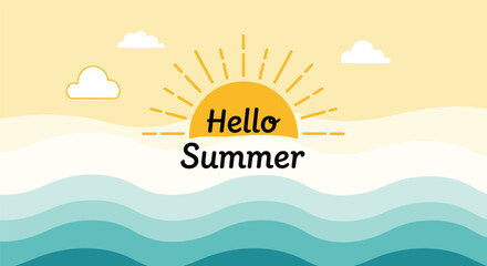 Hello summer text over a simplified landscape of turquoise waves, a bright sun, and white clouds on a yellow sky.