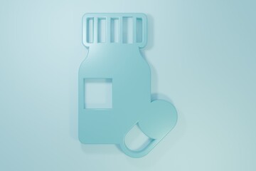 Fototapeta premium Blue Medicine bottle and pills icon isolated on blue background. Bottle pill sign. Pharmacy design. Minimalism concept. 3D render illustration
