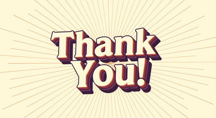 Thank You message in 3D retro font with a warm beige sunburst background for appreciation and gratitude cards.