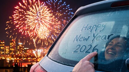 Hand writing 'Happy New Year 2026' on frosted car window with smiling woman, city skyline, and fireworks