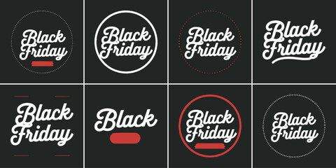 Collection of eight stylized black friday typography badges featuring varied circular and linear design elements perfect for holiday promotions