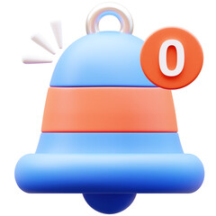 3D Illustration of notification bell with zero, representing no new alerts, rendered in a cartoonish style with blue and orange colors. Perfect for UI/UX design.
