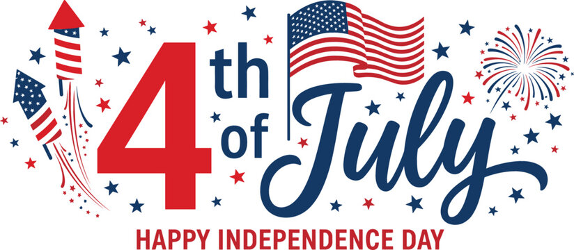 Happy 4th of July Independence Day vector greeting featuring American flag firework rockets and patriotic red blue stars.