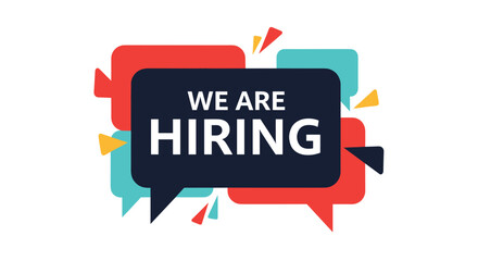 We Are Hiring announcement in a dark blue speech bubble surrounded by vibrant colorful shapes for recruitment.