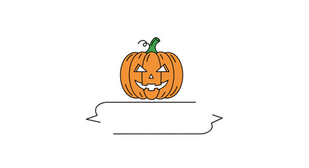 Carved Halloween jack-o-lantern pumpkin with an empty banner for custom text on a white background for holidays.