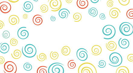 Abstract background pattern with colorful hand-drawn spirals in red, yellow, and blue on a white surface for art.