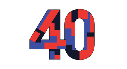 Number 40 decorated with a colorful geometric puzzle pattern in red, blue, and dark tones for special milestones.
