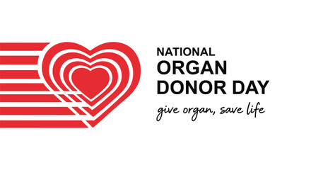 National Organ Donor Day awareness graphic with red concentric hearts and motion stripes for health campaigns.