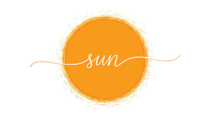 Sun script in white handwritten font over a large vibrant orange sun circle with a textured edge for summer vibes.