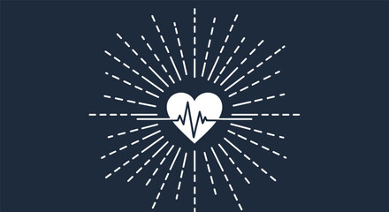 Medical heart icon with EKG pulse line and white starburst pattern on a dark blue background for health awareness.