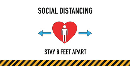 Social distancing safety instruction with a person icon inside a heart and directional blue arrows for health.