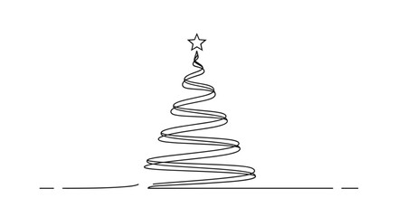 Christmas tree with a star on top created with a single continuous black line on a white background for holidays.