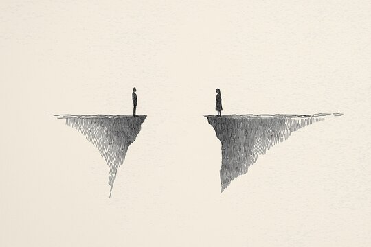 Man and woman standing on opposite sides facing each other, fracture metaphor for relationship rupture, broken trust, and separation themes.